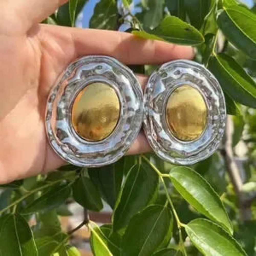 Oversized Button Silver Oval Earrings Gift Minimalist - Picture 4 of 4